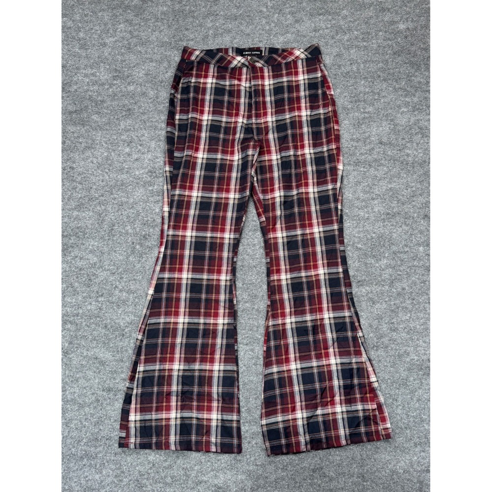 Almost Famous Plaid Flare Pants Womens 9 Red Black White Bell Bottom High Rise